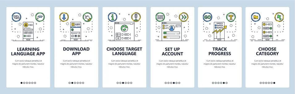 Language learning website and mobile app onboarding screens vector template Stock Illustration