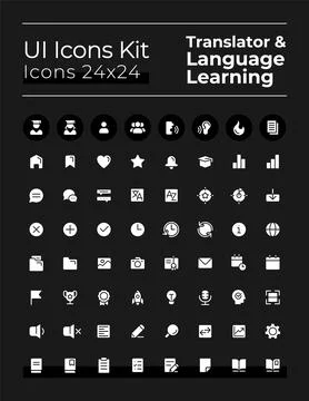 Language learning white glyph ui icons set for dark mode Stock Illustration