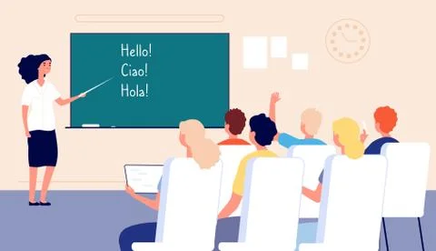 Language lesson. Students at school, classroom and teacher at chalkboard. Adults Illustrazione stock