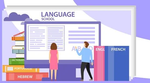 Language school concept banner with character. Perfect for advertising Illustrazione stock