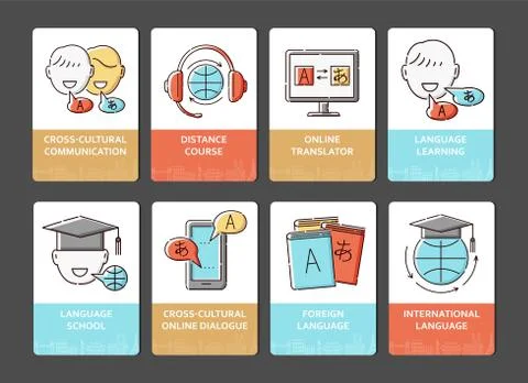 Language school icon card set - global web education and online learning service Stock Illustration