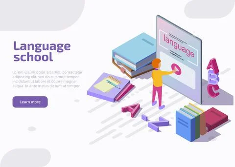 Language school with isometric character Stockillustratie