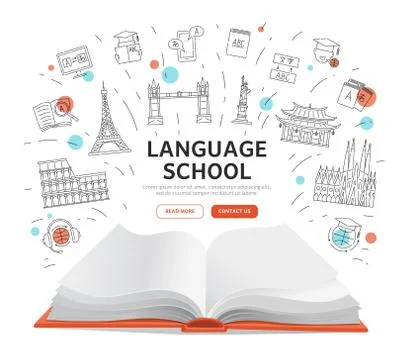 Language school landing page - open book with education symbols Ilustração Stock
