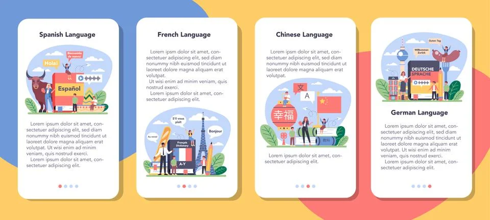 Language school learning mobile application banner set. Professor Illustrazione stock
