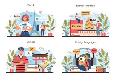 Language school set. Professor teaching foreign languages. Students learning Stock Illustration