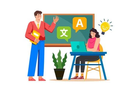 Language school teacher providing language classes for tourists on holiday. Stock Illustration