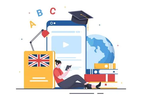 Language School Template Hand Drawn Cartoon Flat Illustration of Online Learn Stockillustratie