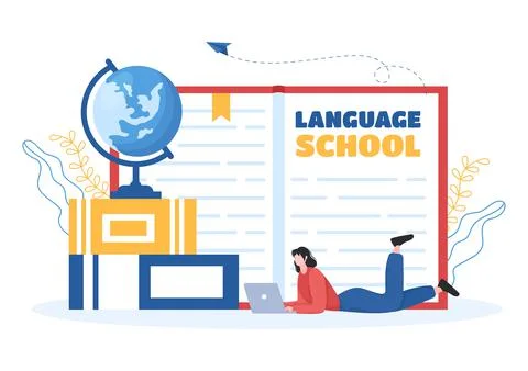Language School Template Hand Drawn Cartoon Flat Illustration of Online Learn Stock Illustration