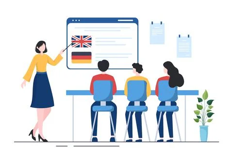 Language School Template Hand Drawn Cartoon Flat Illustration of Online Learn イラスト素材