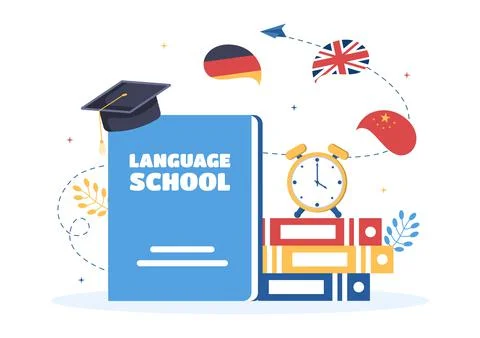 Language School Template Hand Drawn Cartoon Flat Illustration of Online Learn Stock Illustration