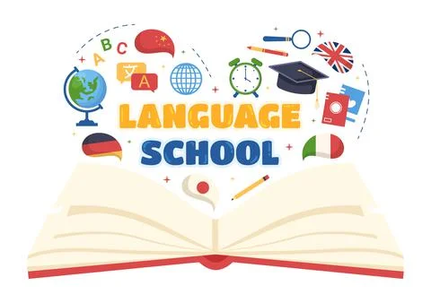 Language School Template Hand Drawn Cartoon Flat Illustration of Online Learn Stockillustratie