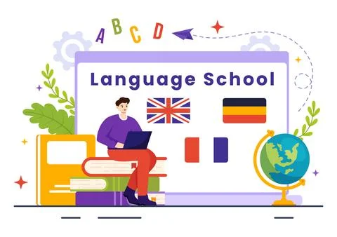 Language School Vector Illustration of Online Learning, Courses, Training P.. Stockillustratie
