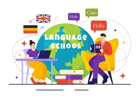 Language School Vector Illustration of Online Learning, Courses, Training P.. Stockillustratie