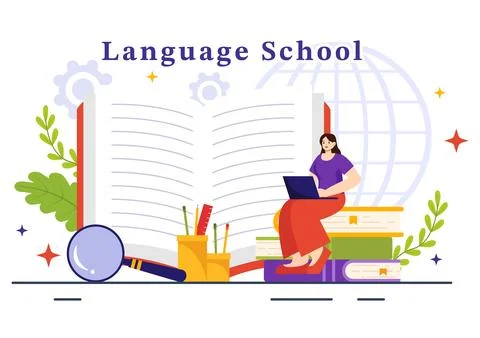 Language School Vector Illustration of Online Learning, Courses, Training P.. Stockillustratie