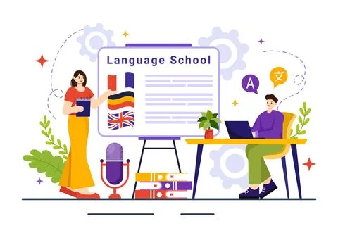 Language School Vector Illustration of Online Learning, Courses, Training P.. Stockillustratie