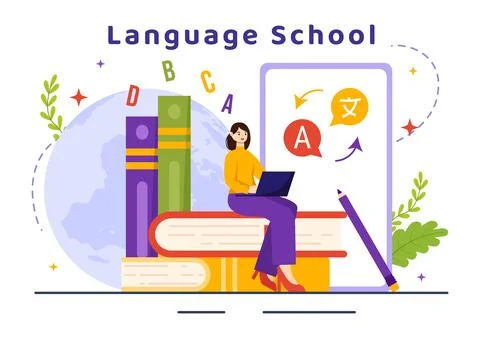 Language School Vector Illustration of Online Learning, Courses, Training P.. Stockillustratie
