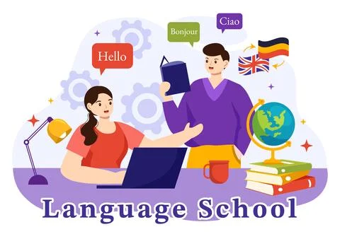 Language School Vector Illustration of Online Learning, Courses, Training P.. Stock Illustration