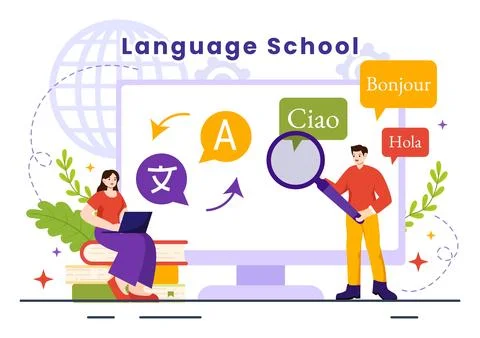Language School Vector Illustration of Online Learning, Courses, Training P.. Stockillustratie