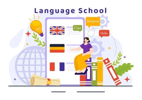 Language School Vector Illustration of Online Learning, Courses, Training P.. Stock Illustration