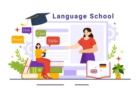 Language School Vector Illustration of Online Learning, Courses, Training P.. Stockillustratie