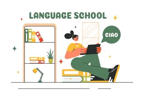 Language School Vector Illustration of Online Learning, Courses, Training P.. Stockillustratie