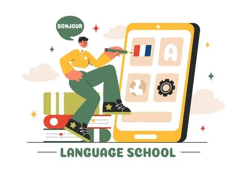 Language School Vector Illustration of Online Learning, Courses, Training P.. Stockillustratie