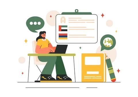 Language School Vector Illustration of Online Learning, Courses, Training P.. Stockillustratie