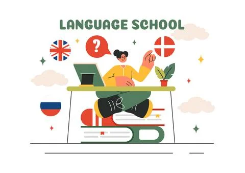Language School Vector Illustration of Online Learning, Courses, Training P.. Stockillustratie