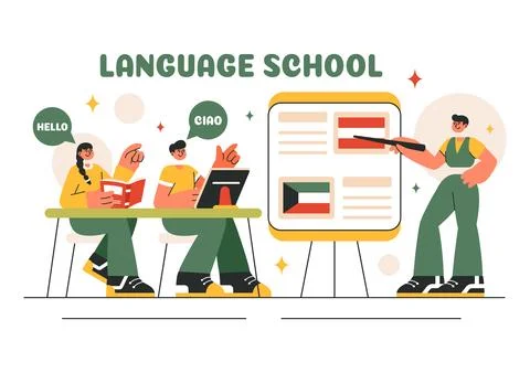Language School Vector Illustration of Online Learning, Courses, Training P.. Stockillustratie