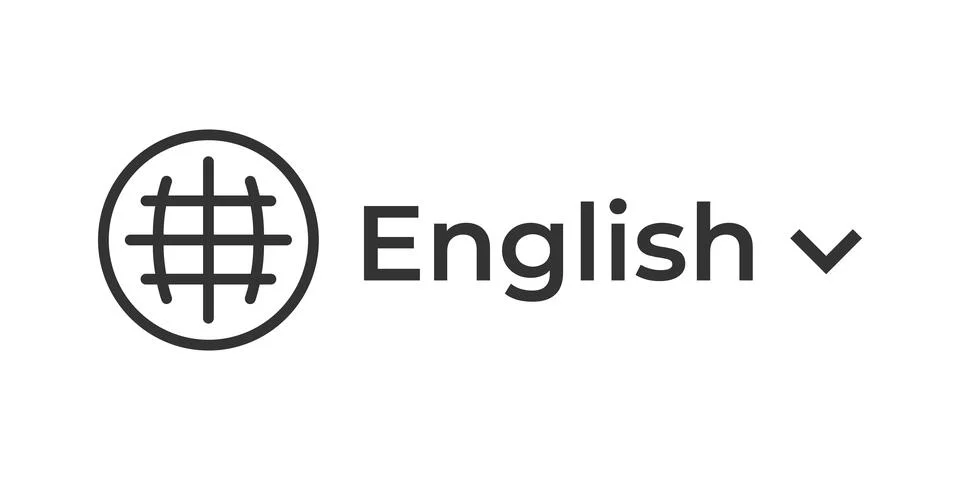 Language selection icon. Globe symbol with English text and dropdown arrow .. Stock Illustration