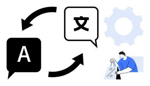 Language Translation Concept with Speech Bubbles, Currency, and Gear Icons Stock Illustration