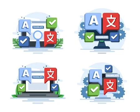 Language translation illustration set featuring online translator apps Stock Illustration