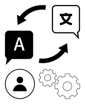 Language Translation Process with Speech Bubbles, User Icon, and Gears Illustrazione stock