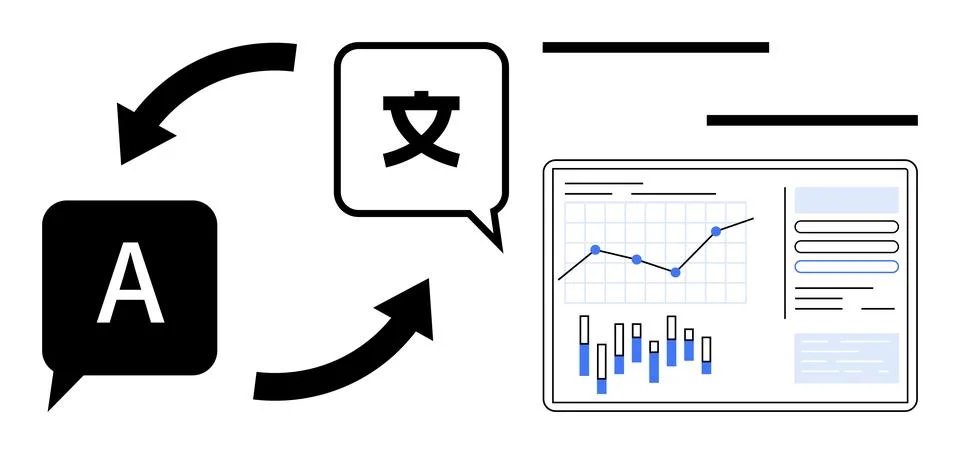 Language Translation Process with Statistical Data Analysis on Screen Stock Illustration