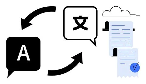 Language Translation Process with Text Conversion and Document Verification 스톡 일러스트