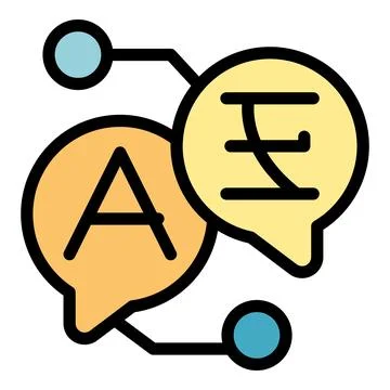 Language translator app icon showing speech bubbles connected with network Stock-Illustration