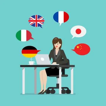 Language translator girl using social media app. Stock Illustration