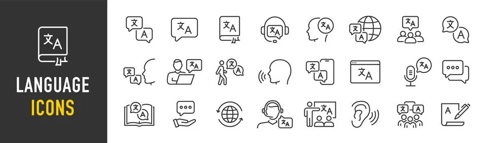 Language web icon set in line style. Language translation, linguistics, spe.. Stock Illustration
