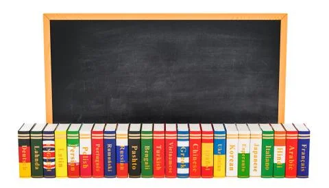 Languages books with blackboard, 3D rendering Stock Illustration