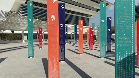 The Languages Garden at the Mohammed bin Rashid Library. Columns with quotes Stock Footage 310996137