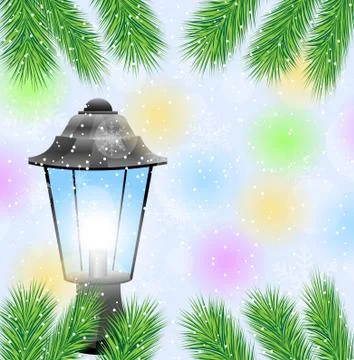 Lantern and branches of tree on a christmas background Stock Illustration