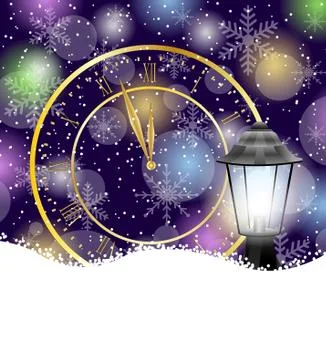 Lantern and clock on a christmas background Stock Illustration