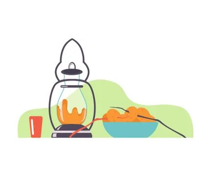 Lantern and cup with potatoes in a clearing. Vector illustration. Stock Illustration