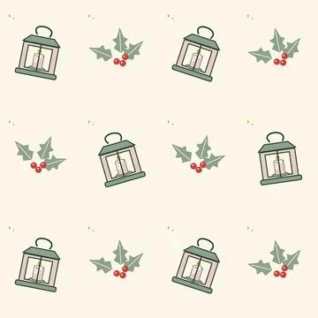 Lantern and holly winter seamless pattern. Periodic seamless square tile with Stock Illustration