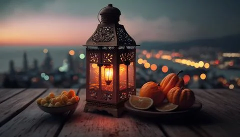 A lantern and some fruit on a table in front of a cityscape Illustrazione stock