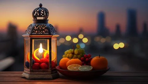 A lantern and some fruit on a table in front of a cityscape Illustrazione stock