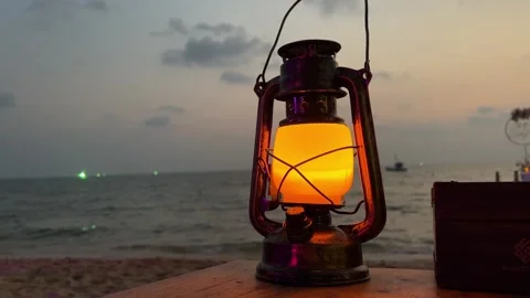 Lantern beach sunset Lantern lamp with Crescent moon shape on the beach, Ramadan Stock Footage 316070504