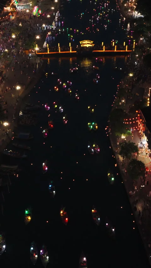 Lantern Boats on Thu Bon River - Hoi An - Quang Nam - Vietnam Stock Footage 341569589