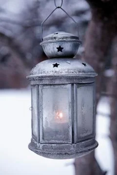 Lantern with burning candle hanging on tree Foto stock