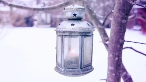 Lantern with burning candle hanging on tree Stock Photos